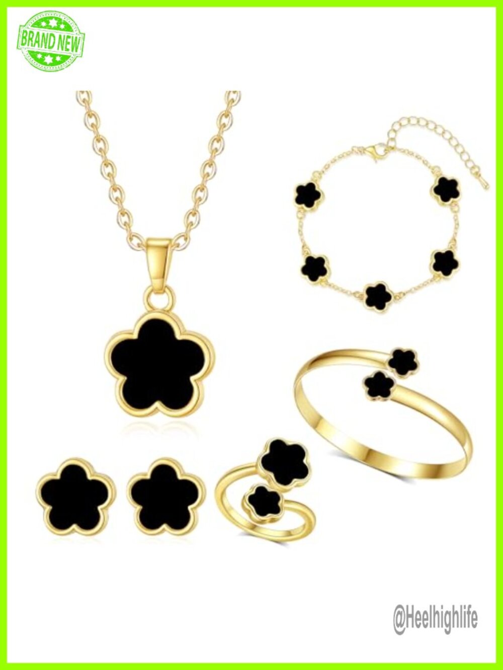 14K Gold Plated Clover Jewelry Set Necklace Earrings Ring Bracelet Bangle